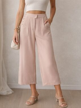 Balboa Wide Leg Cropped Pants Blush Pink High Rise Button Detail Womens M
